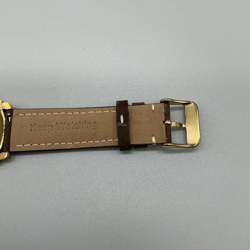 Vintage Troica Cat Dial Womens Watch 41mm Gold Tone Brown Leather New Battery